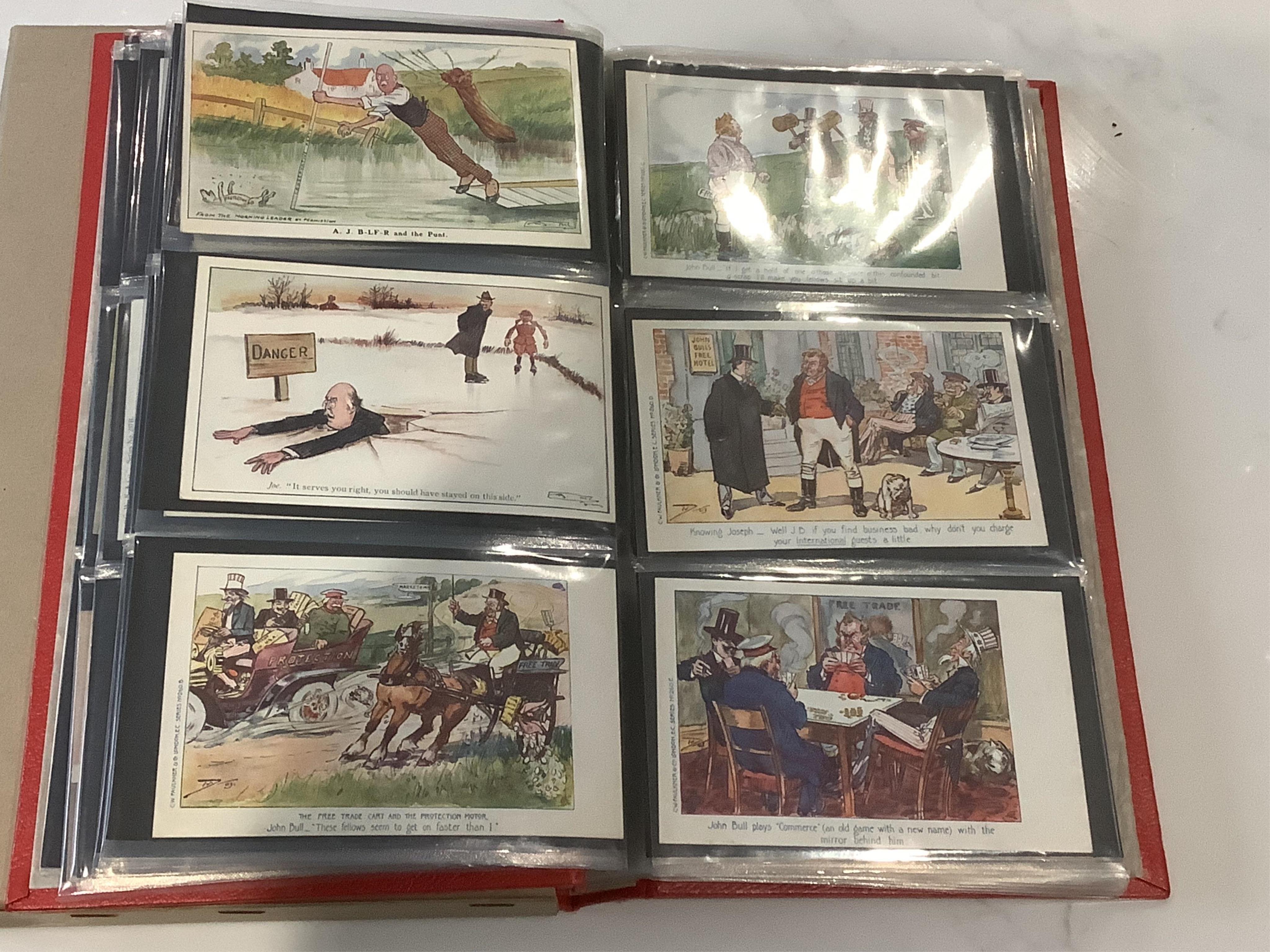 An album of assorted vintage humorous postcards relating to politics; elections, fiscal policy, trade, politicians, home rule and health insurance (93)